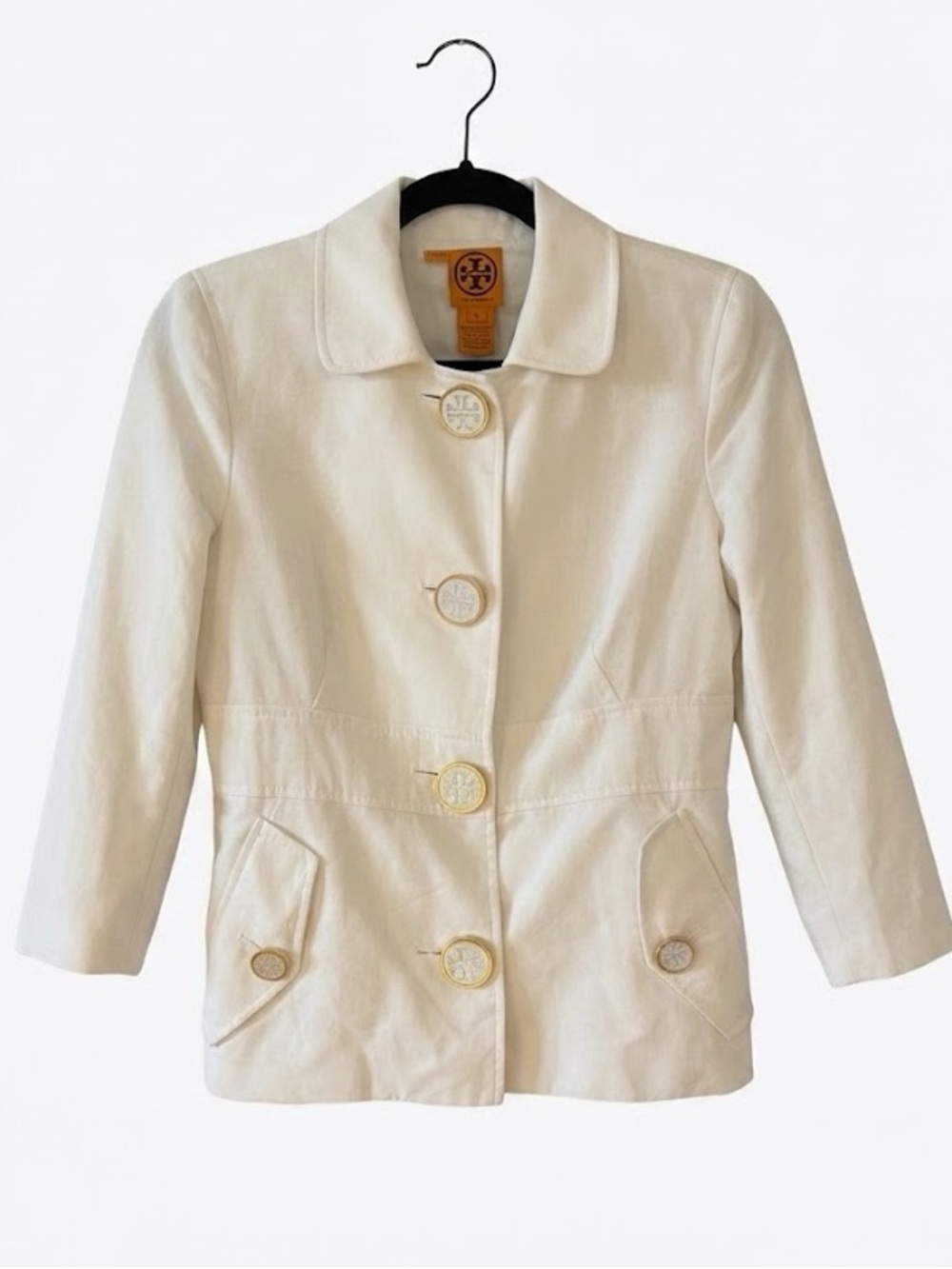 Tory Burch Logo Button Cotton Linen Three Quarter Sleeves Blazer 6